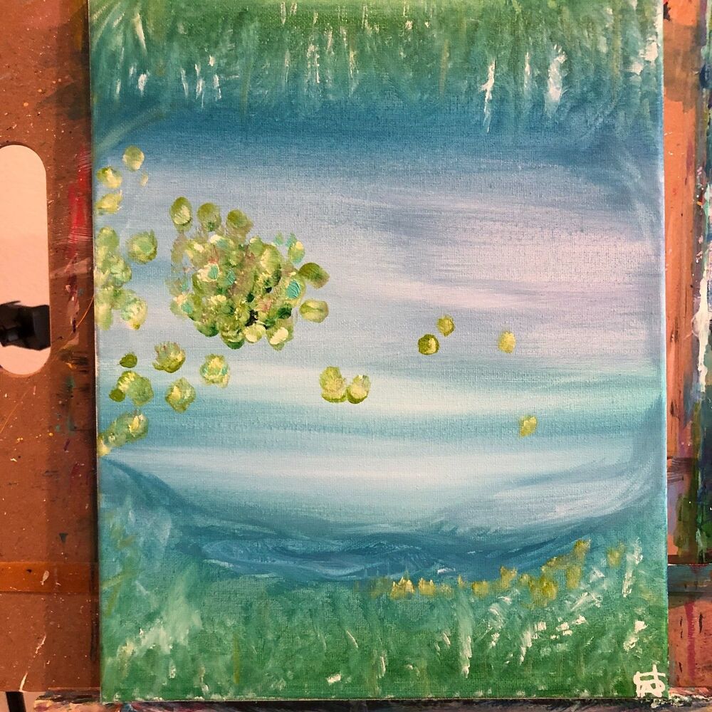 WS original pond painting 14X11 canvas acrylic impressionism modern fine art - Picture 5 of 10